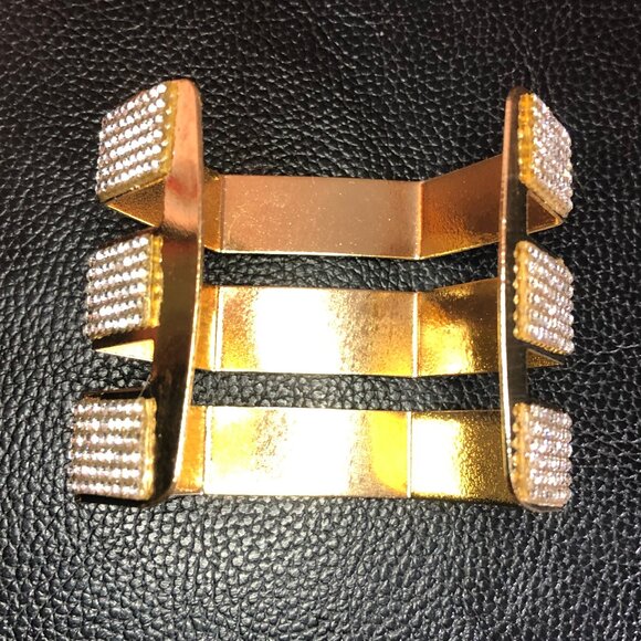 Gold Rhinestone Statement Cuff Bracelet Big Chunky 3 Row Wide Hexagon 7+" - Picture 5 of 10